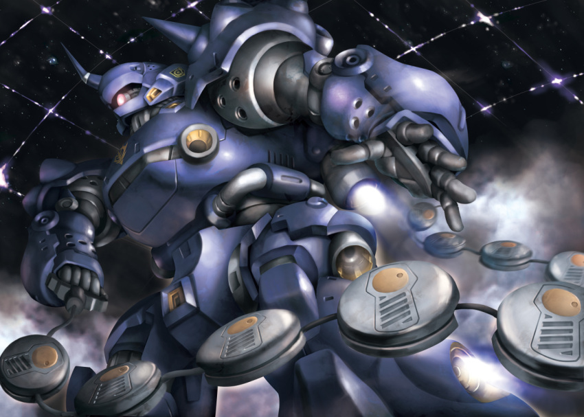 cable ceiling chain dutch_angle explosive grenade gundam gundam_0080 jellyman kampfer_(mobile_suit) lights machinery mecha mobile_suit no_humans one-eyed realistic robot roundel science_fiction shoulder_spikes smoke space_station spacecraft_interior spikes upper_body zeon