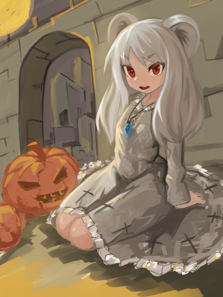 1girl absurdres alternate_costume alternate_hair_length alternate_hairstyle animal_ears arch bangs commentary_request crystal dress full_body grey_dress grey_hair halloween highres jack-o'-lantern jewelry lenserd long_hair long_sleeves mouse_ears mouse_girl nazrin open_mouth pendant pumpkin red_eyes sitting smile solo touhou