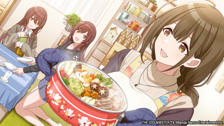 3girls ahoge alstroemeria_(idolmaster) artist_request bangs brown_eyes brown_hair commentary_request d dutch_angle food hair_between_eyes highres hotpot idolmaster idolmaster_shiny_colors indoors jewelry kuwayama_chiyuki long_hair long_sleeves mittens multiple_girls necklace official_art open_mouth osaki_amana osaki_tenka school_uniform siblings sisters sitting smile sweater swept_bangs table turtleneck turtleneck_sweater twins