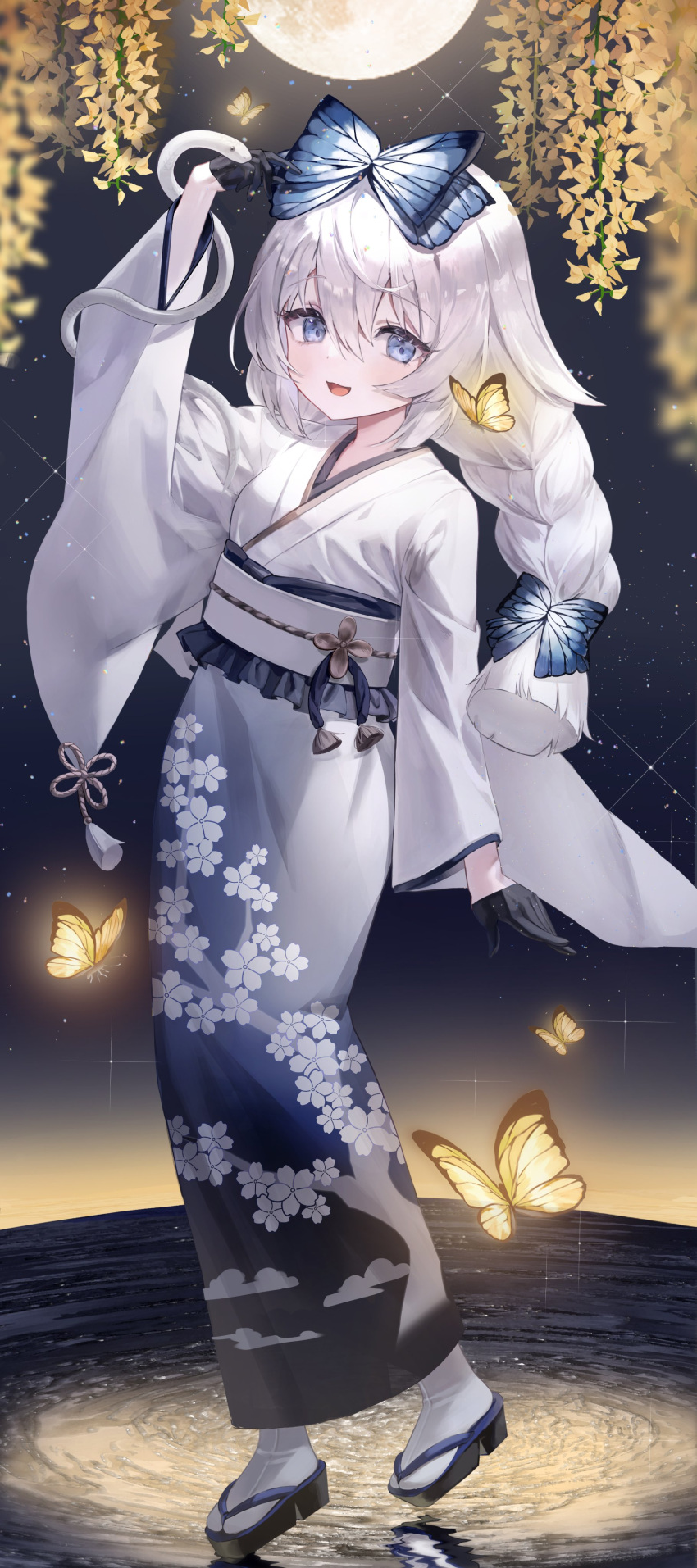 1girl absurdres bangs black_gloves blue_butterfly blue_eyes blush bow braid bug butterfly butterfly_hair_ornament floral_print gloves hair_bow hair_ornament highres insect japanese_clothes kimono long_hair long_sleeves looking_at_viewer moon night obi open_mouth original outdoors ribbon sash smile snake solo ssoi_cat white_kimono wide_sleeves