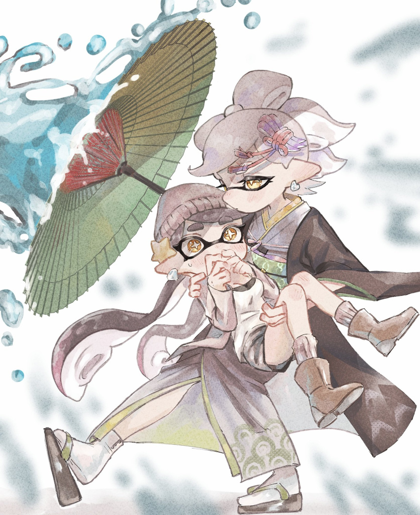 +_+ 2girls aori_(splatoon) black_hair black_shorts boots callie_(splatoon) carrying cousins cross-shaped_pupils domino_mask earrings fangs food geta green_umbrella grey_hair grey_kimono hair_ornament haori highres holding holding_umbrella japanese_clothes jewelry kimono long_hair long_sleeves marie_(splatoon) mask mole mole_under_eye multicolored_hair multiple_girls object_on_head oil-paper_umbrella orange_eyes oriental_umbrella pink_hair plum0o0 pointy_ears princess_carry sandals shirt short_hair shorts smile socks splatoon_(series) splatoon_2 sushi tabi tentacle_hair two-tone_hair umbrella white_shirt white_socks wide_sleeves yellow_eyes