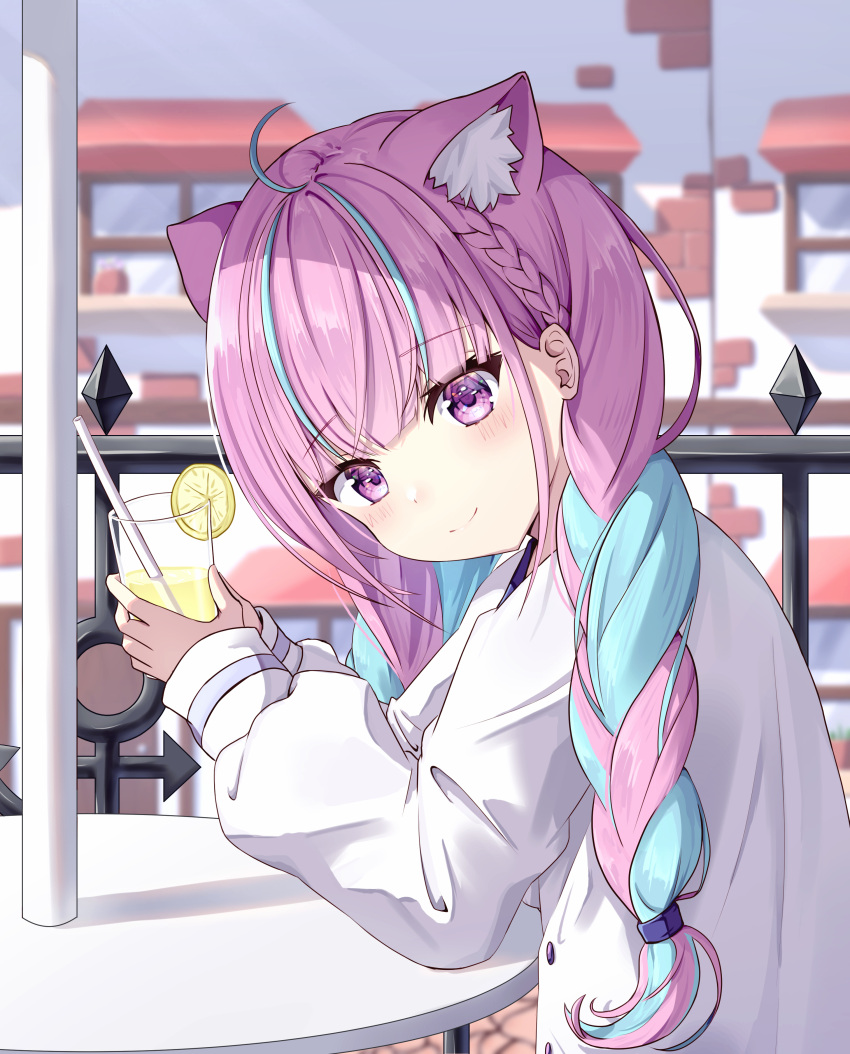 1girl absurdres ahoge anchor_symbol animal_ear_fluff animal_ears bangs blue_hair blunt_bangs blurry blurry_background blush braid cat_ears closed_mouth colored_inner_hair cup day drink drinking_straw food from_side fruit highres holding holding_cup hololive kag_tsukimi lemon lemon_slice lemonade long_hair long_sleeves looking_at_viewer looking_to_the_side minato_aqua multicolored_hair outdoors purple_eyes purple_hair railing shirt smile solo streaked_hair table twin_braids twintails two-tone_hair upper_body violet_eyes virtual_youtuber white_shirt