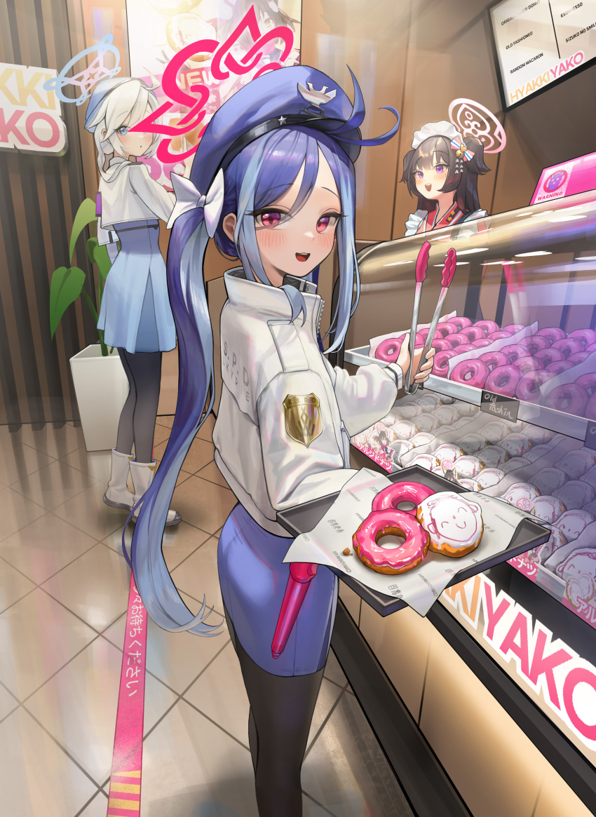 3girls :d absurdres ahoge badge bangs baton black_pantyhose blue_archive blue_eyes blue_hair blue_headwear blush bow brown_hair display_case dong_ji doughnut feet_out_of_frame food fubuki_(blue_archive) grey_hair hair_bow halo hat highres holding holding_tongs holding_tray indoors izuna_(blue_archive) jacket kirino_(blue_archive) long_hair long_sleeves looking_at_viewer maid_headdress multicolored_hair multiple_girls pantyhose plant police police_hat police_uniform potted_plant red_eyes sensei_(blue_archive) shizuko_(blue_archive) smile streaked_hair swept_bangs tile_floor tiles tongs tray two_side_up uniform violet_eyes virtual_youtuber wa_maid white_bow white_footwear white_hair white_jacket