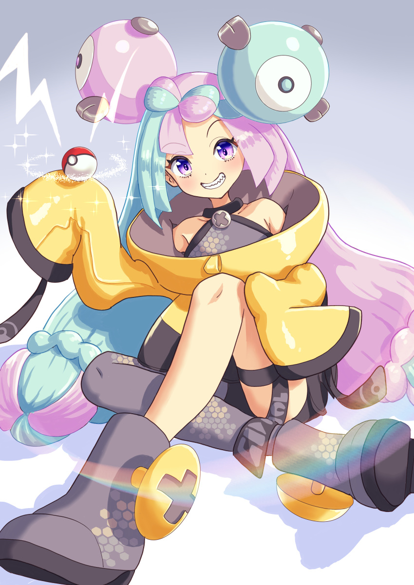 1girl absurdres armpits bow-shaped_hair character_hair_ornament gradient gradient_background grey_pantyhose grin hair_ornament hexagon_print highres iono_(pokemon) jacket lingmu long_hair looking_at_viewer low-tied_long_hair off_shoulder oversized_clothes pantyhose poke_ball pokemon pokemon_(game) pokemon_sv purple_eyes sharp_teeth shirt single_leg_pantyhose sleeveless sleeveless_shirt sleeves_past_fingers sleeves_past_wrists smile solo teeth twintails very_long_sleeves x yellow_jacket