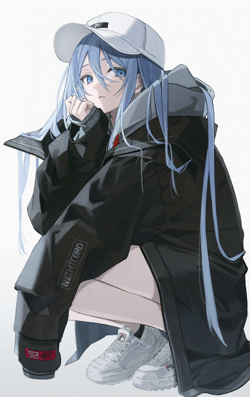 1girl absurdres alternate_costume bare_legs baseball_cap black_jacket black_socks blue_eyes blue_hair clenched_hand closed_mouth commentary full_body gradient gradient_background grey_background grey_hoodie hair_between_eyes hair_spread_out hand_on_own_chin hat head_rest highres hood hood_down hoodie jacket jacket_over_hoodie light_blue_hair long_hair long_sleeves looking_at_viewer nes_(nes_402) pinching_sleeves project_sekai shoes simple_background sleeves_past_fingers sleeves_past_wrists sneakers socks solo squatting text_print very_long_hair white_footwear white_headwear yoisaki_kanade