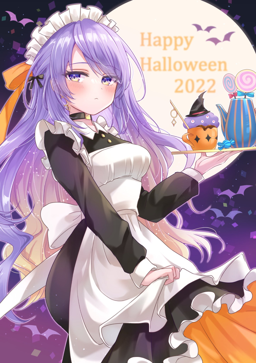 1girl apron apron_hold bangs black_choker black_dress blonde_hair blush candy choker closed_mouth cup dress earrings food frilled_dress frills gradient_hair happy_halloween highres holding holding_tray hololive hololive_indonesia hoop_earrings jewelry lollipop long_hair long_sleeves looking_at_viewer maid maid_apron maid_headdress moona_hoshinova multicolored_hair null_maru purple_eyes purple_hair solo starry_hair swirl_lollipop tray two-tone_hair virtual_youtuber