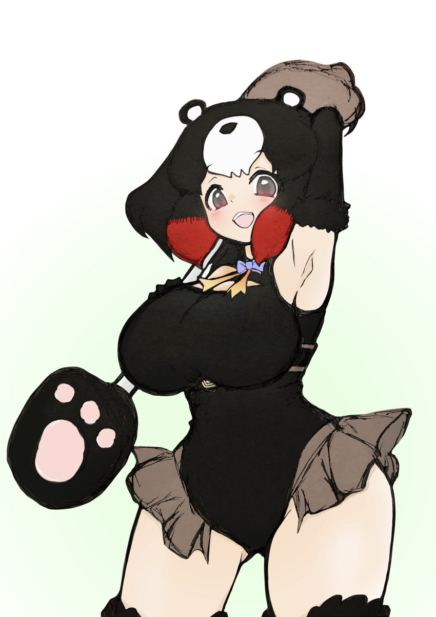1girl animal_costume animal_ear_fluff animal_ears armpits bear_costume bear_ears bear_girl black_hair blush breasts elbow_gloves extra_ears gloves gradient gradient_background grey_eyes highres higumamon_(kemono_friends) kemo24v kemono_friends kemono_friends_3 kneehighs leotard looking_at_viewer multicolored_hair open_mouth ribbon short_hair simple_background smile socks solo tail thighhighs weapon white_hair