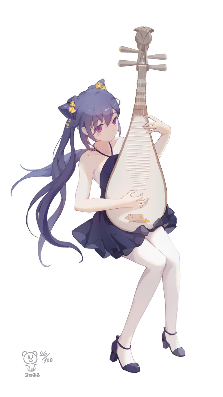 1girl absurdres bare_shoulders bear_minstrel commentary dress full_body genshin_impact guitar high_heels highres instrument instrument_request invisible_chair keqing_(genshin_impact) long_hair music pantyhose playing_instrument purple_dress purple_footwear purple_hair simple_background sitting solo strappy_heels twintails violet_eyes white_background white_pantyhose