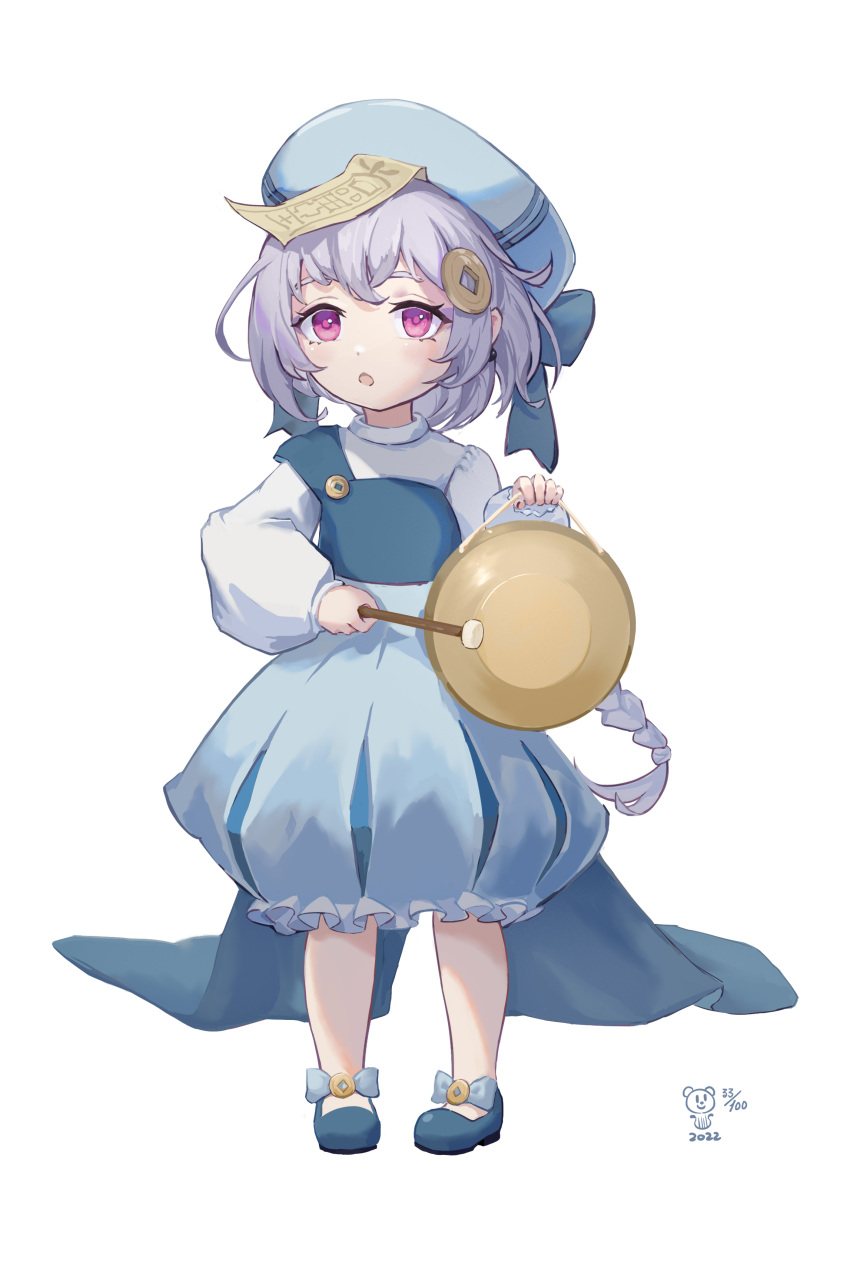 1girl absurdres bear_minstrel blue_footwear blue_headwear blue_skirt braid bubble_skirt genshin_impact gong hair_ornament hat highres holding holding_instrument instrument long_braid long_hair long_sleeves looking_at_viewer open_mouth puffy_long_sleeves puffy_sleeves purple_hair qiqi_(genshin_impact) shirt shoes simple_background single_braid skirt solo violet_eyes white_background white_shirt