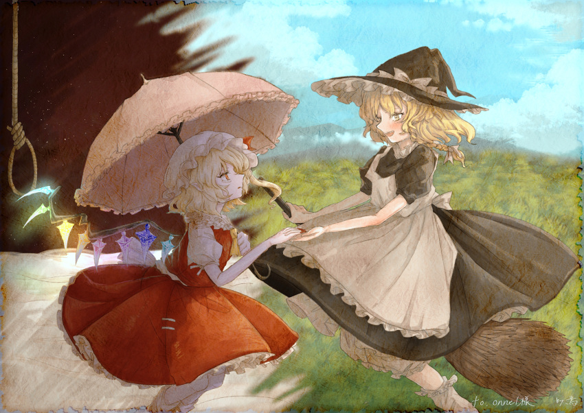 2girls apron ascot back_bow black_dress black_headwear blonde_hair bloomers blue_sky bow braid breasts broom broom_riding crystal dress feet_out_of_frame flandre_scarlet fleuriste frilled_apron frilled_shirt_collar frilled_socks frilled_umbrella frills from_side glowing glowing_wings hat hat_bow hat_ribbon highres holding holding_umbrella kirisame_marisa looking_at_another maid_apron medium_hair multicolored_wings multiple_girls noose outdoors pointy_ears puffy_short_sleeves puffy_sleeves red_skirt red_vest ribbon shirt short_sleeves single_braid skirt sky small_breasts socks touhou umbrella underwear vest white_apron white_bloomers white_bow white_ribbon white_shirt white_socks white_umbrella wings witch_hat yellow_ascot