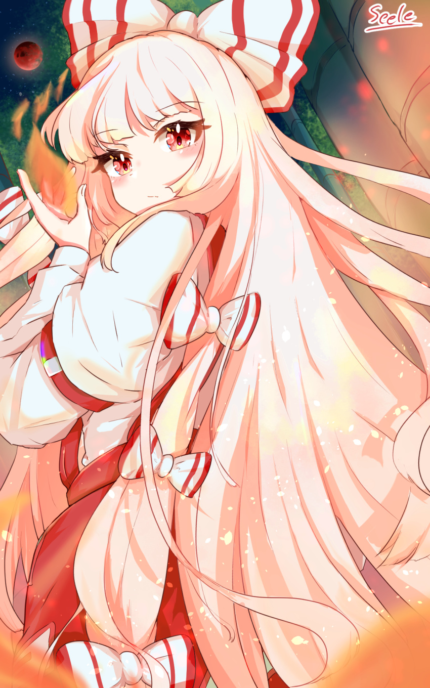 1girl blush bow chilwell_seele closed_mouth fire fujiwara_no_mokou hair_bow highres long_hair long_sleeves looking_at_viewer moon pants red_eyes red_pants shirt signature sleeve_garter solo suspenders touhou very_long_hair white_bow white_hair white_shirt