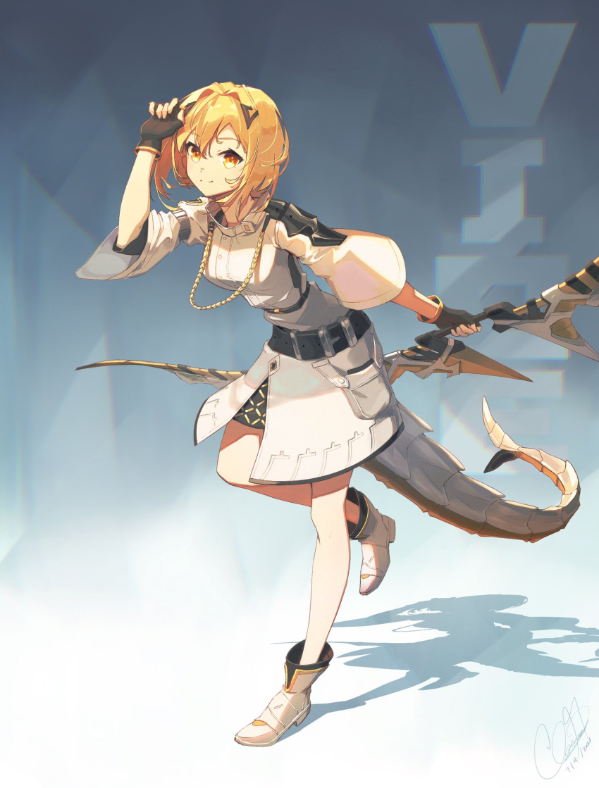 1girl aiguillette alchemy_stars arm_up bangs belt black_gloves black_skirt blonde_hair boots bow_(weapon) breasts character_name clarenceman0605 closed_mouth fingerless_gloves full_body gloves hair_between_eyes hair_ornament highres holding holding_bow_(weapon) holding_weapon jacket long_sleeves looking_at_viewer miniskirt orange_eyes outstretched_arm safe shadow short_hair signature skirt small_breasts smile solo standing standing_on_one_leg tail vice_(alchemy_stars) weapon white_footwear white_jacket yellow_eyes