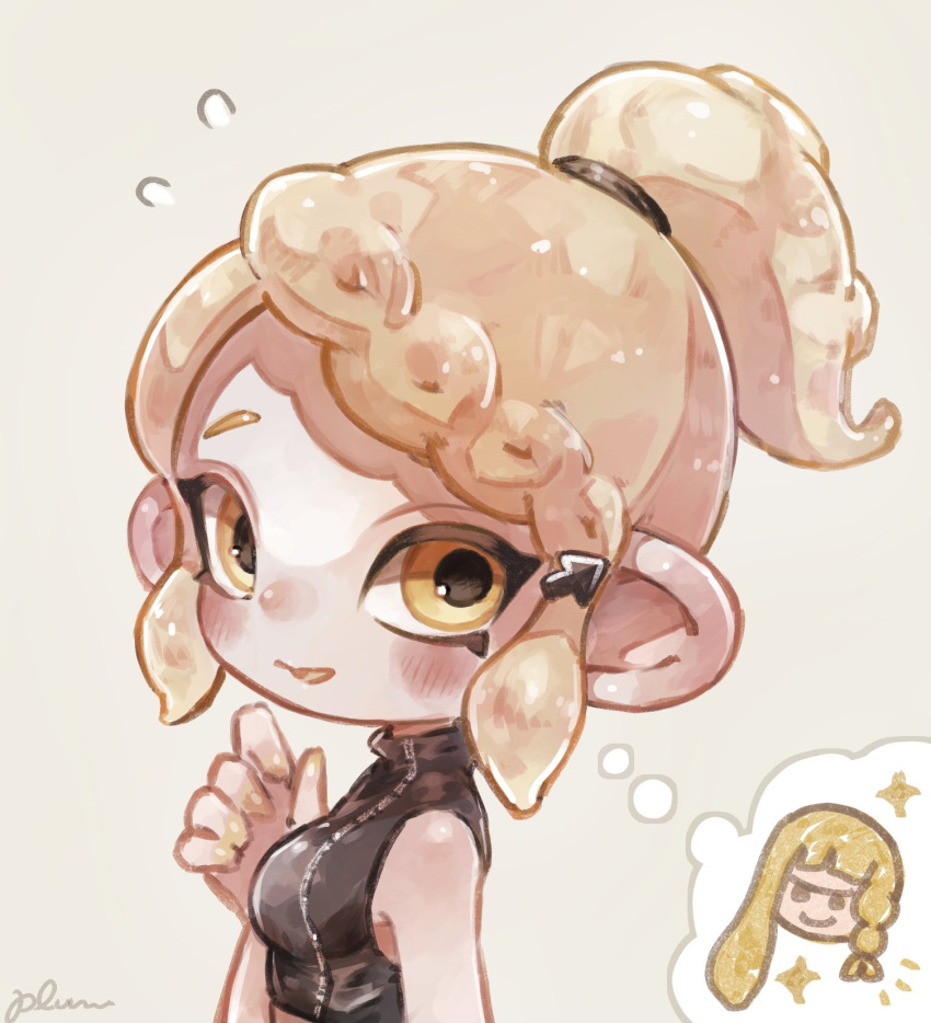1girl agent_8_(splatoon) bare_shoulders blonde_hair blush braid breasts colored_tongue crop_top flying_sweatdrops gradient gradient_background hand_up highres inkling inkling_girl medium_breasts octarian octoling octoling_girl open_mouth plum0o0 pointy_ears ponytail short_hair signature sleeveless smile sparkle splatoon_(series) splatoon_2 splatoon_2:_octo_expansion splatoon_3 squidbeak_splatoon tentacle_hair thought_bubble upper_body yellow_eyes yellow_tongue