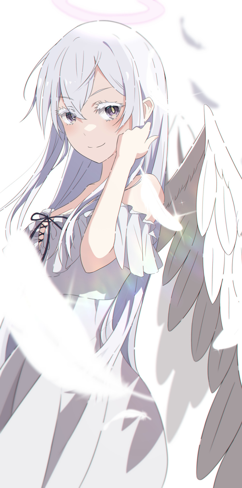 1girl absurdres angel angel_wings bangs bare_shoulders camui1104 closed_mouth dress echidna_(re:zero) feathered_wings feathers hair_between_eyes halo hand_up highres long_hair off-shoulder_dress off_shoulder re:zero_kara_hajimeru_isekai_seikatsu smile solo upper_body violet_eyes white_dress white_feathers white_hair white_wings wings