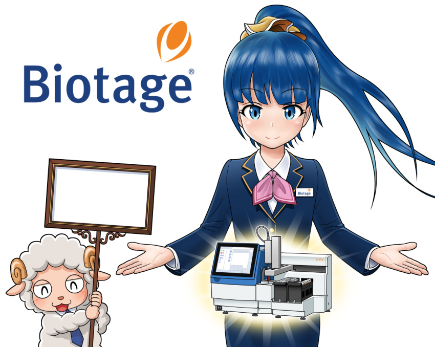 1girl biotage blue_eyes blue_hair blue_jacket blue_skirt commentary_request copyright_name enomoto_yoshitaka holding holding_sign horns jacket machine open_hands ponytail sheep sheep_horns sign skirt smile solo