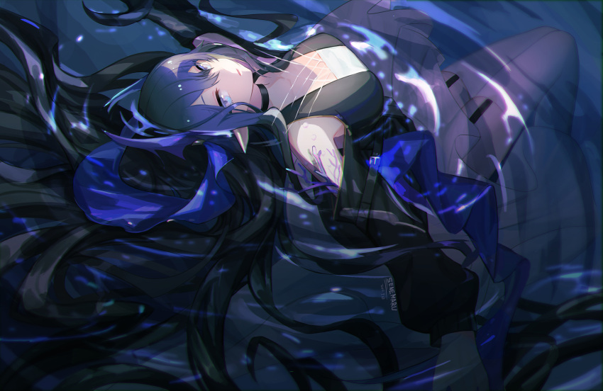 1girl arknights artist_name black_hair black_shirt blue_eyes blue_hair blue_ribbon clothing_cutout commentary coral dated floating_hair gradient_hair hair_between_eyes highmore_(arknights) highres horns legwear_garter long_hair long_sleeves looking_at_viewer multicolored_hair parted_lips partially_submerged pointy_ears ribbon ripples riyu_(gauzama) shirt shoulder_cutout skirt solo thigh-highs very_long_hair water white_skirt white_thighhighs