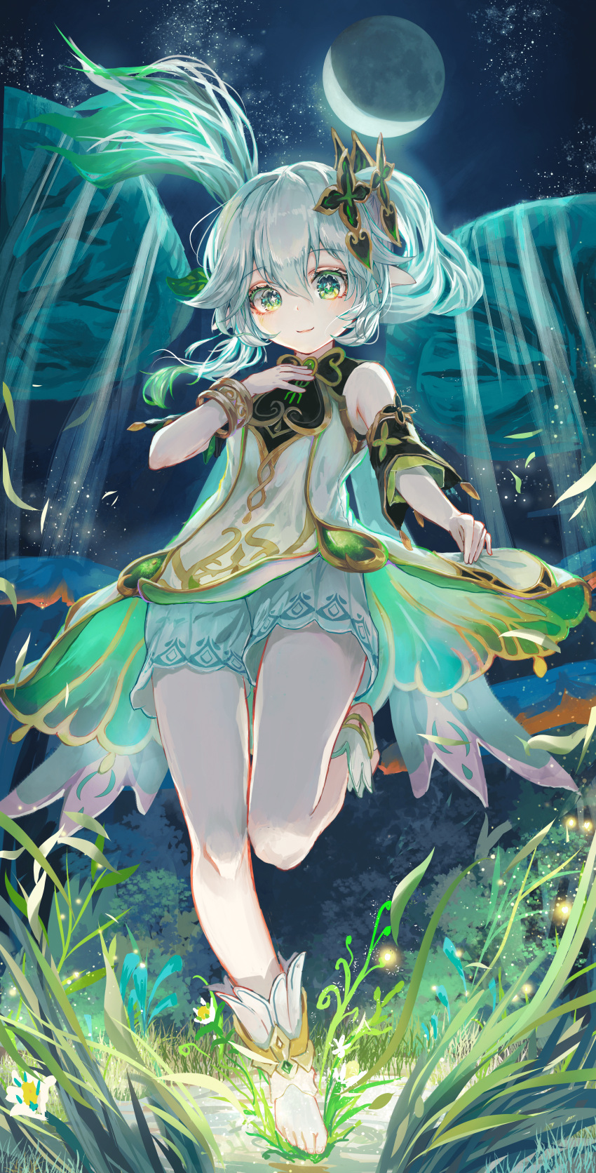 1girl absurdres bangs bare_shoulders bloomers bracer closed_mouth colored_tips cross-shaped_pupils detached_sleeves dress floating_hair flower full_body genshin_impact gold_trim gradient_hair grass green_eyes green_hair hair_between_eyes hair_ornament highres ken_shiro leaf_hair_ornament leg_up long_hair looking_at_viewer moon multicolored_hair nahida_(genshin_impact) night night_sky outdoors plant ponytail short_dress short_sleeves side_ponytail sidelocks sky smile socks solo star_(sky) starry_sky stirrup_legwear thighs tiptoes toeless_legwear toes two-tone_hair underwear white_bloomers white_hair white_socks