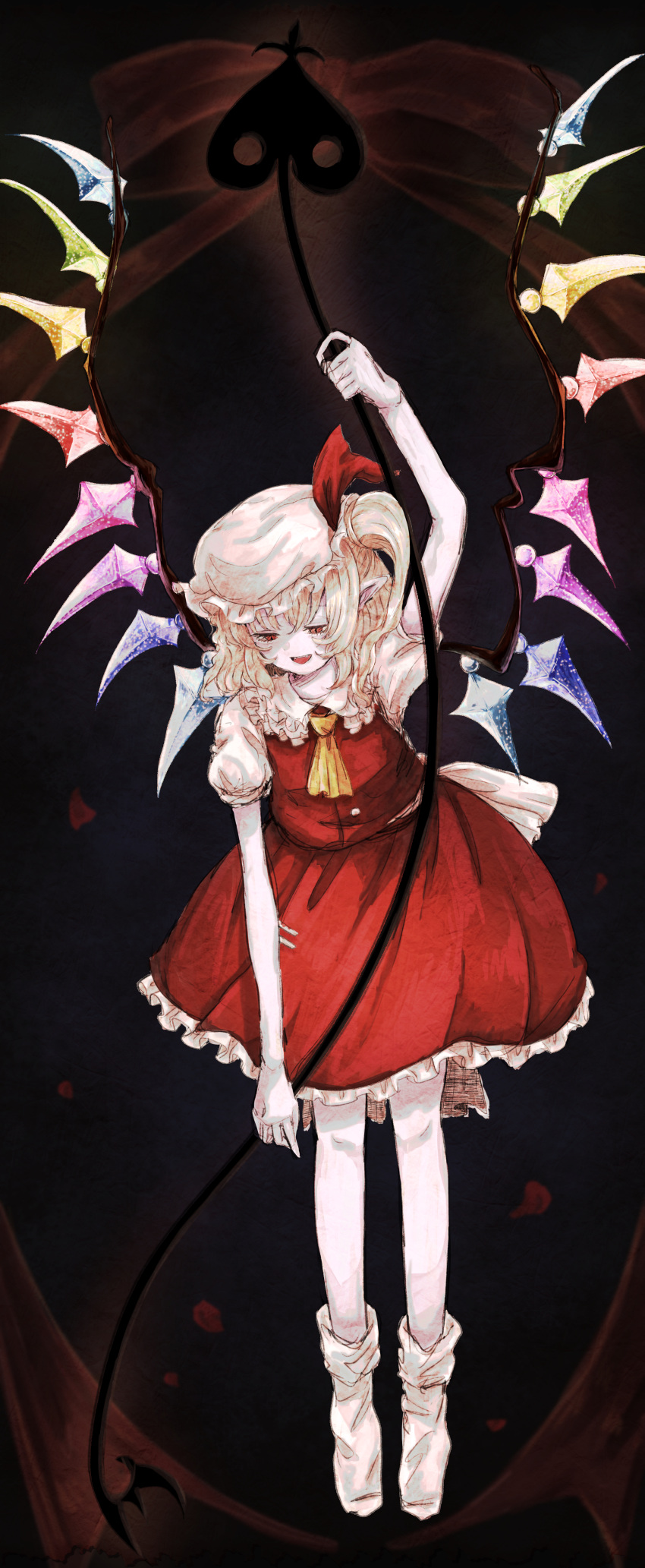 1girl absurdres ascot back_bow blonde_hair bow crystal dark_background fangs flandre_scarlet fleuriste frilled_shirt_collar frilled_skirt frills full_body hat highres holding holding_polearm holding_weapon laevatein_(touhou) medium_hair mob_cap multicolored_wings no_shoes open_mouth polearm puffy_short_sleeves puffy_sleeves red_eyes red_skirt red_vest shirt short_sleeves side_ponytail skirt skirt_set socks solo touhou vest weapon white_bow white_headwear white_shirt white_socks wings yellow_ascot