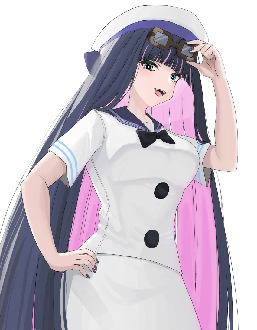 1girl aqua_eyes bangs blue_capelet blue_hair blunt_bangs breasts capelet dress eyewear_on_head gradient hand_up hat highres holding holding_eyewear long_hair medium_breasts multicolored_hair nail_polish open_mouth panty_&amp;_stocking_with_garterbelt pink_hair purple_nails sailor_collar sailor_shirt shirt simple_background skirt smile solo stocking_(psg) sui62 sunglasses teeth two-tone_hair upper_body upper_teeth very_long_hair white_background white_shirt white_skirt