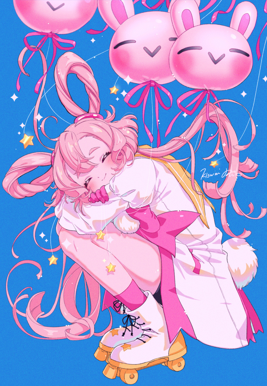 1girl absurdres animal_balloon balloon blue_background blush closed_eyes closed_mouth gloves hair_rings highres kisumi_rei long_hair long_sleeves looking_at_viewer original pink_hair ribbon roller_skates simple_background sitting skates smile solo star_(symbol) tail twintails