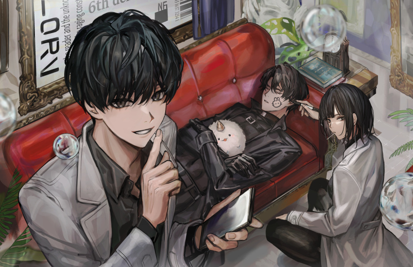 1girl 2boys bangs black_coat black_eyes black_gloves black_hair black_pants black_shirt book bubble cat cellphone clock closed_eyes coat collared_shirt couch crossed_arms daenarys drawing_on_another's_face finger_to_mouth full_body gloves grin han_sooyoung hand_up holding holding_pen holding_phone indoors kim_dokja long_sleeves lying multiple_boys omniscient_reader's_viewpoint on_back pants pen phone shirt short_hair shushing sleeping smile sooyoung_han squatting white_coat yoo_joonghyuk