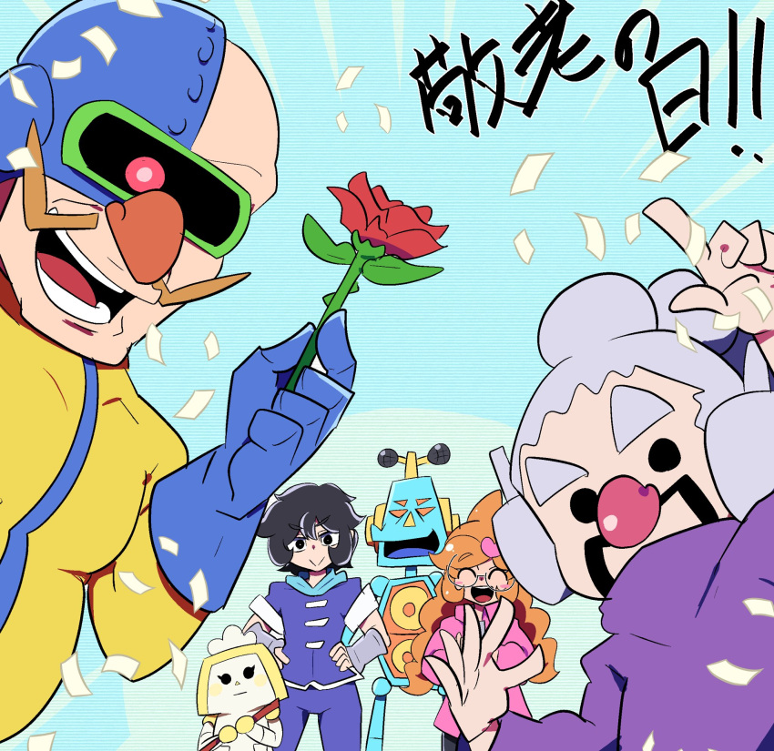 black_hair chicken-rib closed_mouth doris_1_(warioware) dr._crygor flower glasses highres master_mantis mike_(warioware) multiple_boys open_mouth orange_hair penny_crygor robot rose warioware young_cricket