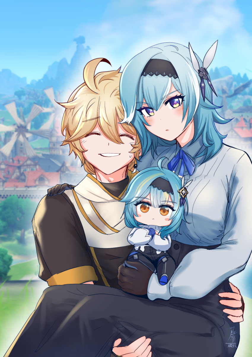 1boy 2girls aepuru_arts aether_(genshin_impact) blonde_hair blue_eyes blue_hair blush blush_stickers carrying chibi eula_(genshin_impact) eyebrows_visible_through_hair father_and_daughter genshin_impact hair_ribbon hairband hand_on_another's_shoulder hetero highres if_they_mated mother_and_daughter multiple_girls princess_carry ribbon yellow_eyes