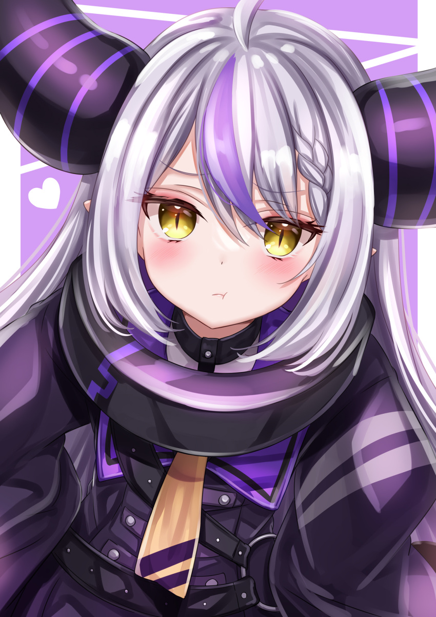 1girl ahoge ascot bangs belt black_belt black_choker blush braid choker closed_mouth coat collar demon_girl demon_horns grey_hair hands_on_hips highres hololive horns la+_darknesss long_hair long_sleeves looking_at_viewer looking_up metal_collar multicolored_hair pointy_ears pout purple_coat purple_hair sidelocks sleeves_past_fingers sleeves_past_wrists solo streaked_hair striped_horns virtual_youtuber yayamiyuyu yellow_ascot yellow_eyes