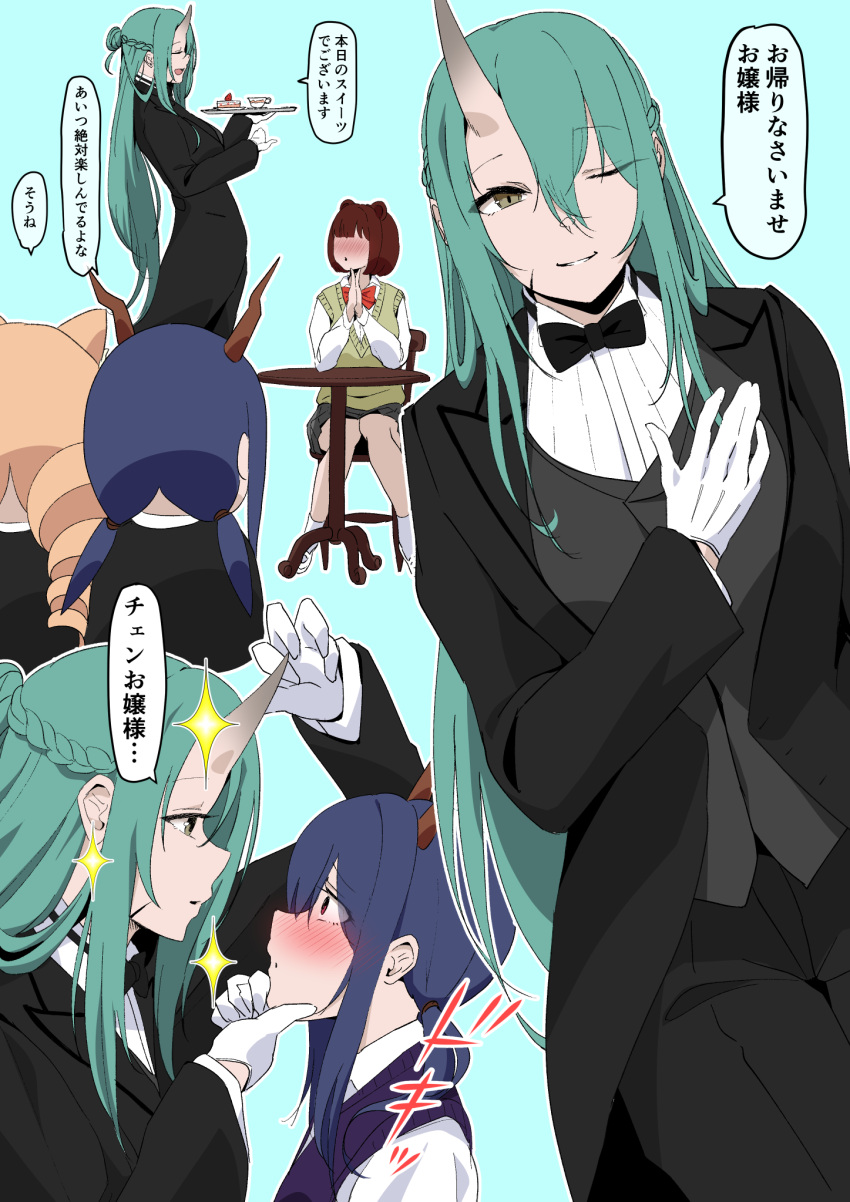 4girls :o arknights black_bow black_bowtie black_jacket black_pants blue_background blue_hair blush bow bowtie brown_eyes brown_hair ch'en_(arknights) commentary_request drill_hair faceless faceless_female formal gloves green_hair grey_vest hand_up highres horns hoshiguma_(arknights) jacket long_hair long_sleeves makino multiple_girls nose_blush on_chair one_eye_closed oni_horns pant_suit pants parted_lips red_bow red_bowtie shirt simple_background single_horn sitting suit sweater_vest swire_(arknights) table translation_request twin_drills very_long_hair vest white_gloves white_shirt
