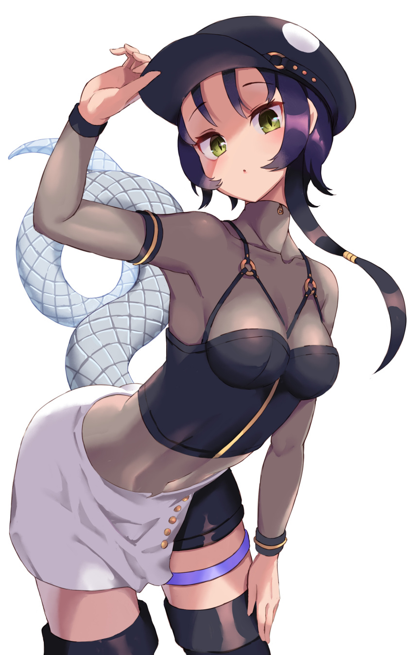 1girl absurdres bike_shorts_under_skirt black_footwear black_hair black_headwear black_mamba_(kemono_friends) black_tube_top blush boots breasts cabbie_hat green_eyes hand_on_headwear harness hat high_collar highres kemono_friends kemono_friends_3 long_sleeves official_alternate_costume pencil_skirt sawara_noa see-through short_hair_with_long_locks skirt snake_tail solo strapless tail thigh_boots thigh_strap thighhighs tube_top white_skirt