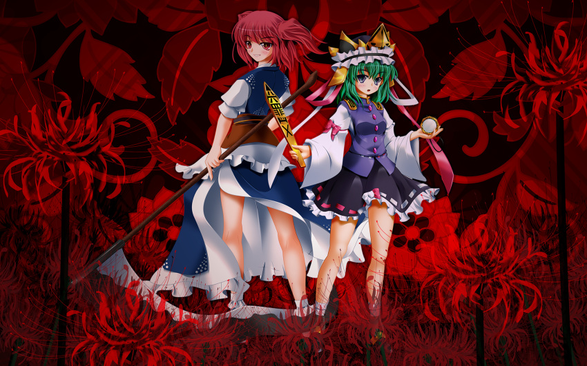 2girls bangs black_footwear black_headwear black_sash black_skirt blue_kimono blue_vest bow breasts brown_sash buttons commentary_request epaulettes flower frilled_hat frills full_body green_hair grin hair_between_eyes hair_ornament hat highres holding holding_mirror holding_scythe japanese_clothes kimono long_sleeves looking_at_viewer medium_hair mirror multiple_girls obi onozuka_komachi open_mouth red_bow red_eyes red_flower red_hair redhead ribbon-trimmed_skirt ribbon-trimmed_vest ribbon_trim rod_of_remorse sash scythe shiki_eiki shirt short_hair side_b skirt sleeve_bow small_breasts smile socks spider_lily standing touhou two_side_up vest white_bow white_shirt wide_sleeves