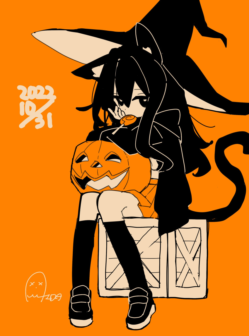 1girl absurdres aida_(aidia) animal_ears black_eyes black_footwear black_hair black_headwear black_thighhighs candy cat_ears cat_girl cat_tail commentary food halloween hat highres jack-o'-lantern limited_palette lollipop long_hair looking_at_viewer mouth_hold orange_background orange_skirt orange_theme original pumpkin shoes signature sitting skirt solo tail thigh-highs witch_hat