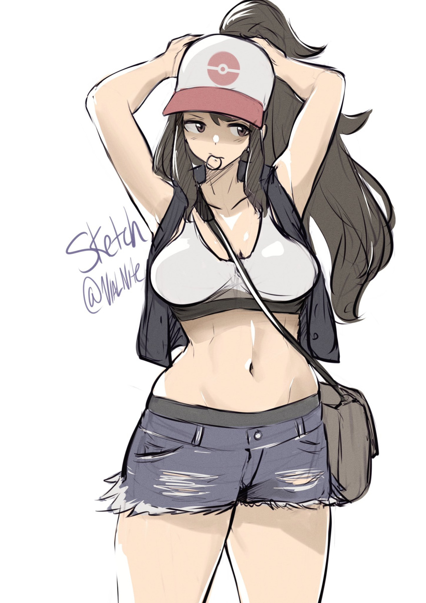 1girl bag baseball_cap breasts brown_eyes brown_hair crop_top denim denim_shorts hair_tie hair_tie_in_mouth hat highres hilda_(pokemon) jacket large_breasts long_hair looking_to_the_side midriff mouth_hold navel open_clothes open_jacket ponytail satchel shorts solo thighs torn_clothes torn_shorts touko_(pokemon) tying_hair vialnite