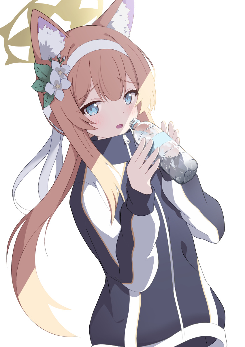 1girl absurdres animal_ear_fluff animal_ears bangs blue_archive blue_eyes blush bottle commentary_request flower hair_flower hair_ornament hair_ribbon hairband halo highres holding holding_bottle jacket long_hair long_sleeves looking_at_viewer mari_(blue_archive) mari_(gym_uniform)_(blue_archive) official_alternate_costume open_mouth orange_hair ribbon shirt simple_background solo sportswear standing track_jacket upper_body white_background white_hairband zundamochi_(sera)