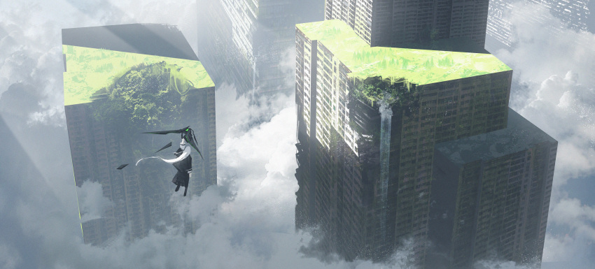 1other abandoned ambiguous_gender asteroid_ill black_coat black_pants building cloud clouds coat day drone flying highres long_hair midair original outdoors overgrown pants robot ruins scenery science_fiction sky skyscraper solo white_hair