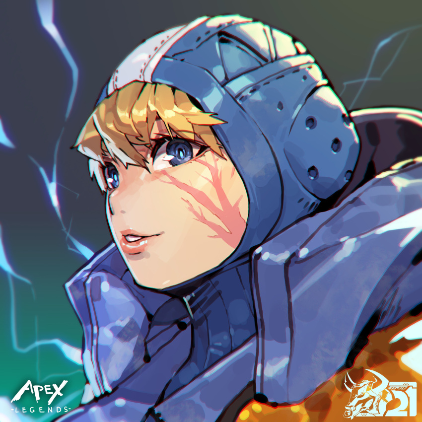 1boy 1girl animification apex_legends blonde_hair blue_bodysuit blue_eyes blue_headwear bodysuit copyright_name electricity english_commentary gradient gradient_background highres hood hood_down hooded_jacket jacket looking_at_viewer male_focus mar10 orange_jacket parted_lips portrait ribbed_bodysuit scar scar_on_cheek scar_on_face solo wattson_(apex_legends)