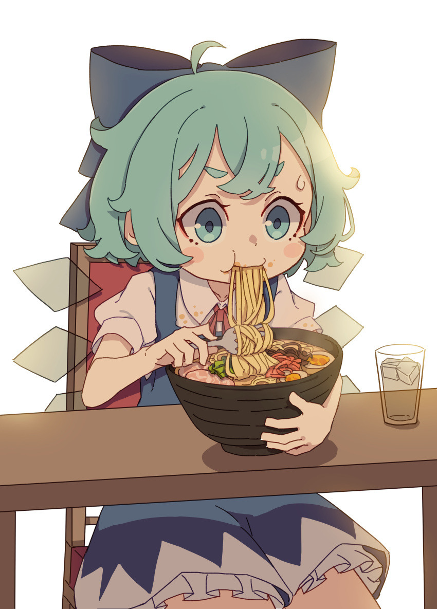 1girl absurdres blue_dress blue_eyes blue_hair bowl chair cirno collared_shirt cup dress eating flat_chest food highres ice ice_wings kame_(kamepan44231) neck_ribbon pasta pinafore_dress red_ribbon ribbon shirt short_dress short_hair simple_background sitting solo stain table touhou water white_background white_shirt wings
