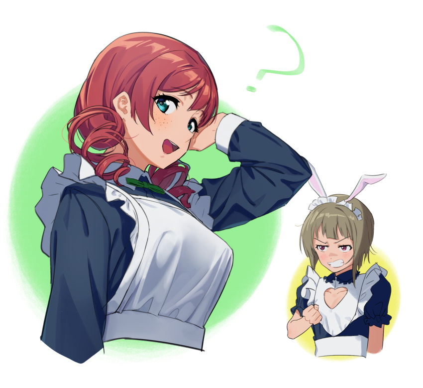 0364p 2girls :d alternate_costume apron bangs black_skirt blue_eyes blush bow bowtie breast_envy breasts brown_hair cropped_torso drill_hair emma_verde enmaided freckles from_side green_bow green_bowtie highres large_breasts long_sleeves looking_at_viewer love_live! love_live!_nijigasaki_high_school_idol_club maid maid_apron medium_hair multiple_girls nakasu_kasumi open_mouth sideways_glance skirt smile solo_focus swept_bangs twin_drills upper_body white_apron