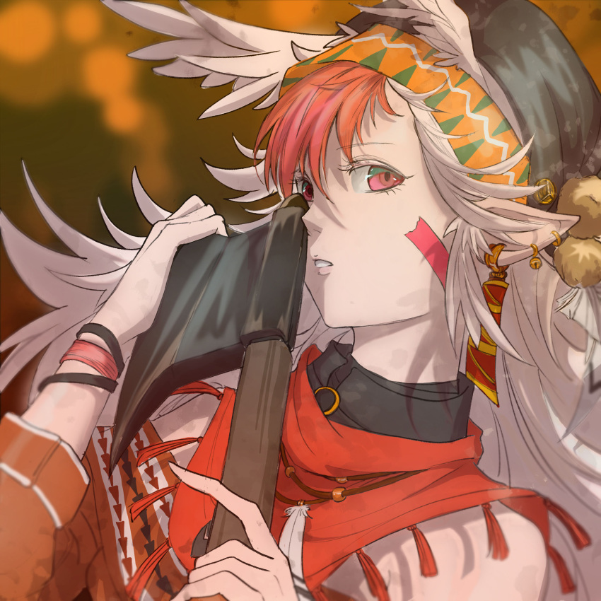 1boy absurdres axe bead_necklace beads bell bell_earrings blurry blurry_background earrings facepaint feathers hat hatchet_(axe) head_wings highres holding jewelry long_hair long_sleeves looking_at_viewer male_focus necklace north_carolina_(warship_girls_r) object_to_cheek patterned_clothing pointy_ears red_eyes redhead shadow shawl solo tagme upper_body warship_girls_r