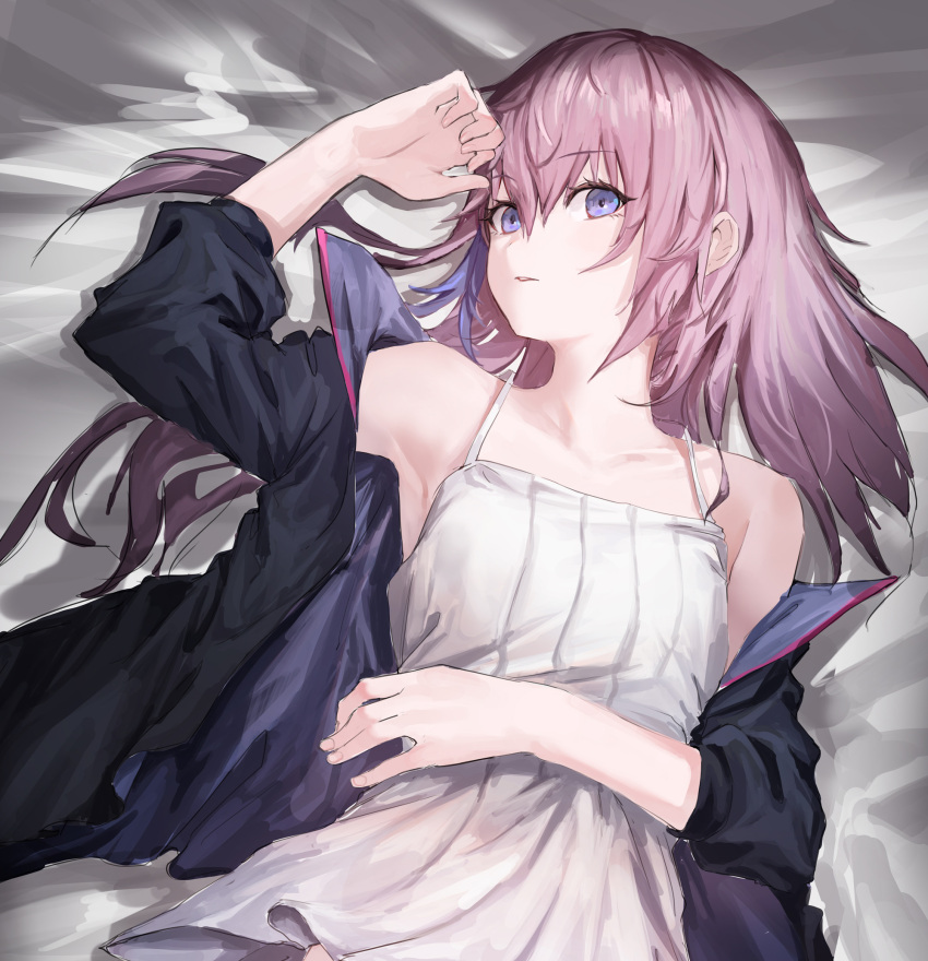 1girl bangs black_jacket breasts dress girls_frontline highres irikawa jacket long_hair lying off_shoulder on_back open_clothes open_mouth pink_hair small_breasts solo st_ar-15_(girls'_frontline) st_ar-15_(girls_frontline) violet_eyes white_dress