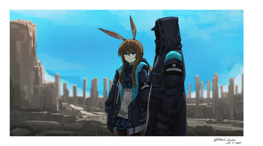 1girl 1other absurdres amiya_(arknights) animal_ear_fluff animal_ears arknights ascot bangs black_ascot black_coat black_jacket black_pantyhose blue_eyes blue_skirt blue_sky border brown_hair bunny_ears closed_mouth clothes_writing coat dated day doctor_(arknights) grey_shirt hair_between_eyes hand_in_pocket highres hood hood_up hooded_coat hooded_jacket jacket long_hair long_sleeves looking_at_viewer lumirumi mask miniskirt open_clothes open_coat open_jacket outdoors pantyhose rabbit_ears ring ruins shirt sidelocks signature skirt sky smile solo thighlet twitter_username white_border
