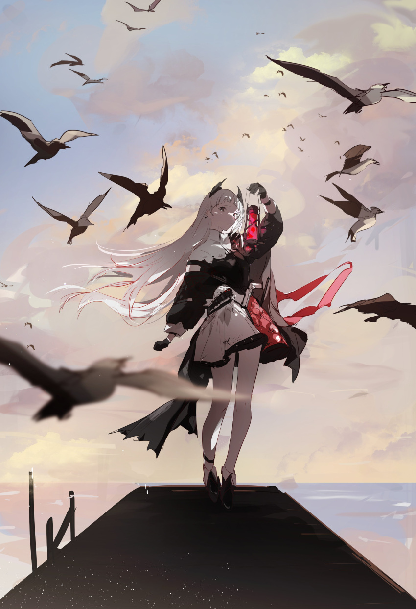 1girl absurdres animal aonogura arknights arm_up bird black_footwear black_gloves black_jacket blue_sky boots capelet clouds cloudy_sky commentary day floating_hair gloves grey_hair highres holding holding_lantern horizon irene_(arknights) jacket lantern long_hair long_sleeves ocean outdoors pantyhose puffy_long_sleeves puffy_sleeves seagull skirt sky solo symbol-only_commentary very_long_hair water white_capelet white_pantyhose white_skirt