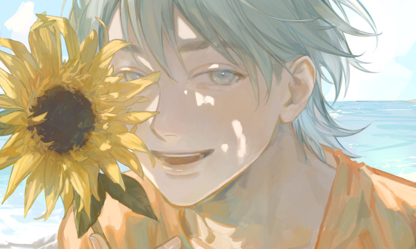 1boy aino0219 blue_eyes blue_hair blue_sky clouds commentary english_commentary flower highres holding holding_flower horizon leaf light_blue_hair looking_at_viewer male_focus ocean open_mouth orange_shirt original outdoors profile shade shirt short_hair sky smile solo summer sunflower teeth upper_teeth yellow_flower