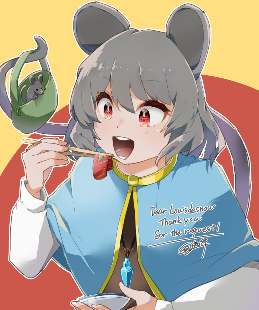 1girl animal_ears bangs basket blue_capelet blush bowl capelet chopsticks commentary_request crystal dress eating food fuuchisou grey_dress grey_hair highres holding holding_chopsticks jewelry long_sleeves mouse mouse_ears mouse_girl mouse_tail nazrin open_mouth orange_background pendant red_eyes shirt short_hair signature smile solo sushi tail touhou upper_body white_shirt