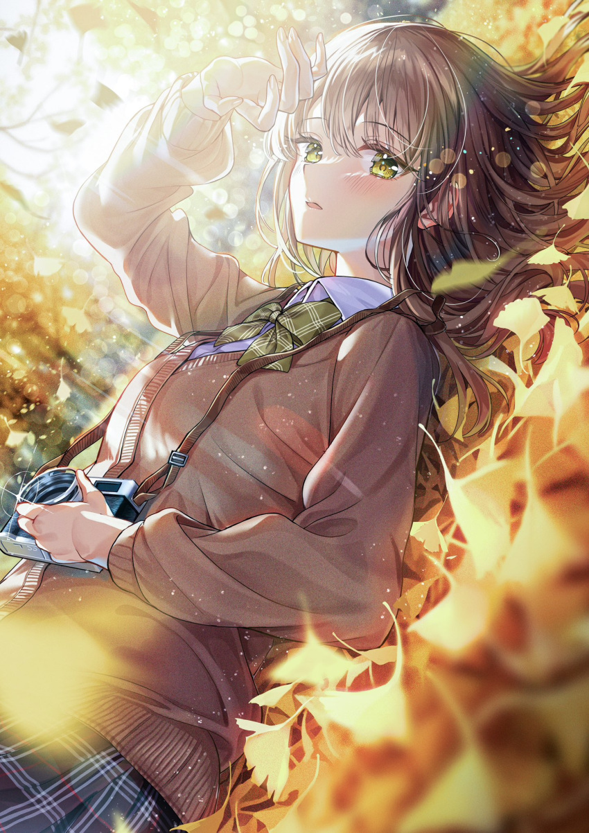 1girl autumn_leaves bangs blue_skirt blush bow bowtie brown_hair brown_jacket collared_shirt green_bow green_bowtie highres holding jacket long_hair looking_at_viewer lying on_back original plaid plaid_bow plaid_bowtie plaid_skirt sakura_(39ra) shirt skirt solo sunlight tree white_shirt