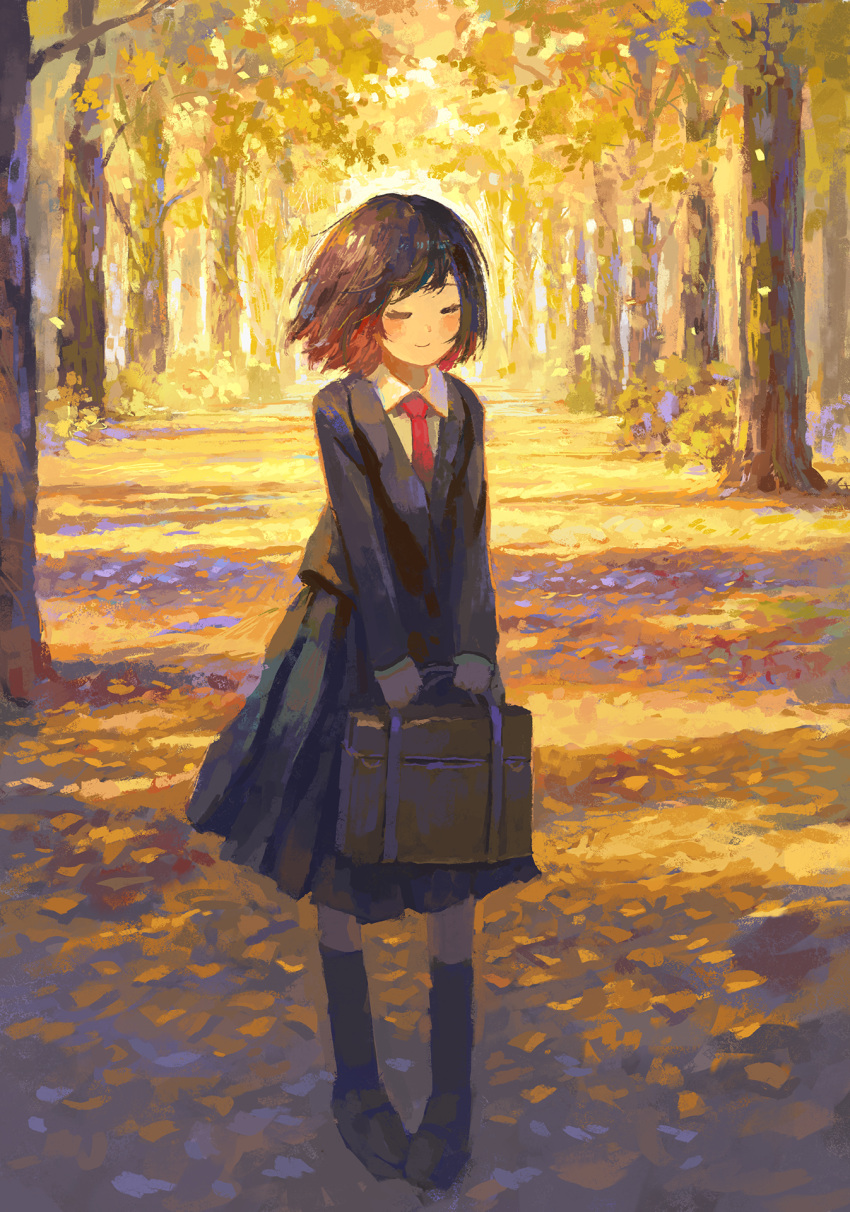 1girl bag bangs black_footwear black_hair black_jacket black_skirt blazer closed_eyes closed_mouth collared_shirt commentary_request fjsmu full_body highres holding holding_bag jacket loafers long_sleeves multicolored_hair necktie original outdoors red_necktie redhead safe scenery school_bag school_uniform shirt shoes short_hair skirt smile solo standing tree white_shirt