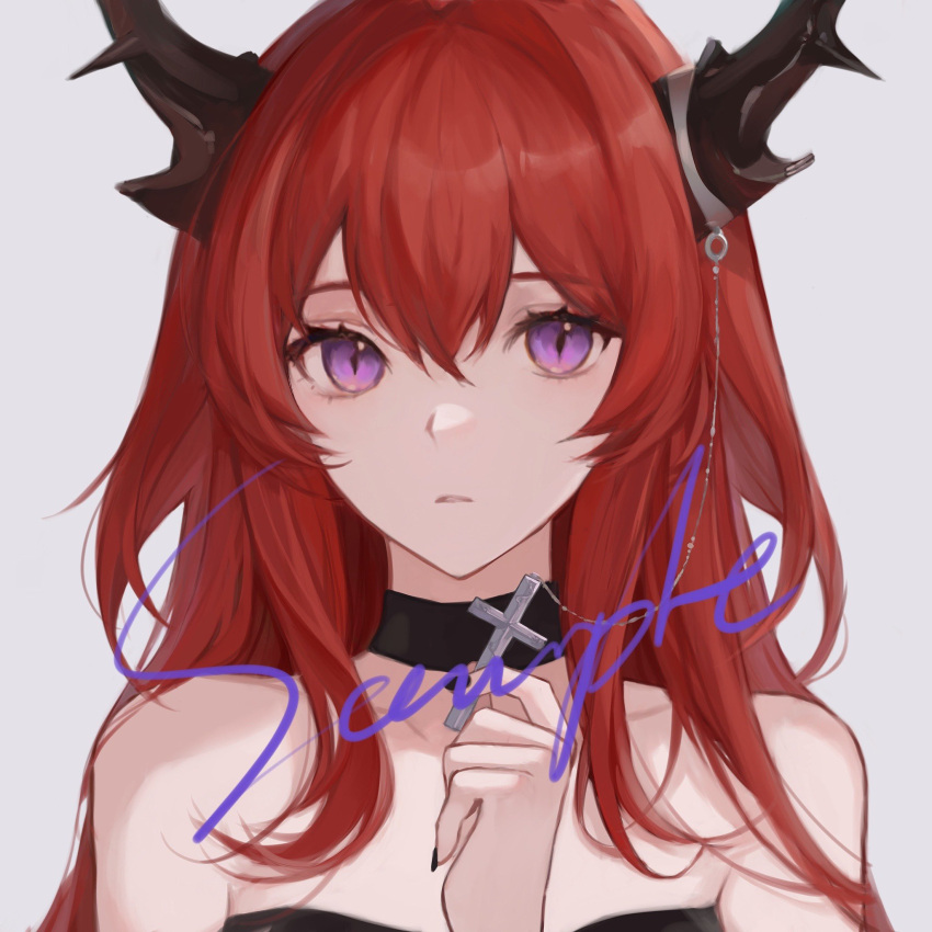 1girl arknights bangs bare_shoulders black_choker black_nails bu_jie_cha choker collarbone cross gradient gradient_background grey_background hand_up highres horns long_hair looking_at_viewer nail_polish pink_eyes portrait purple_eyes red_hair redhead safe sample_watermark shiny shiny_hair simple_background slit_pupils solo surtr_(arknights)