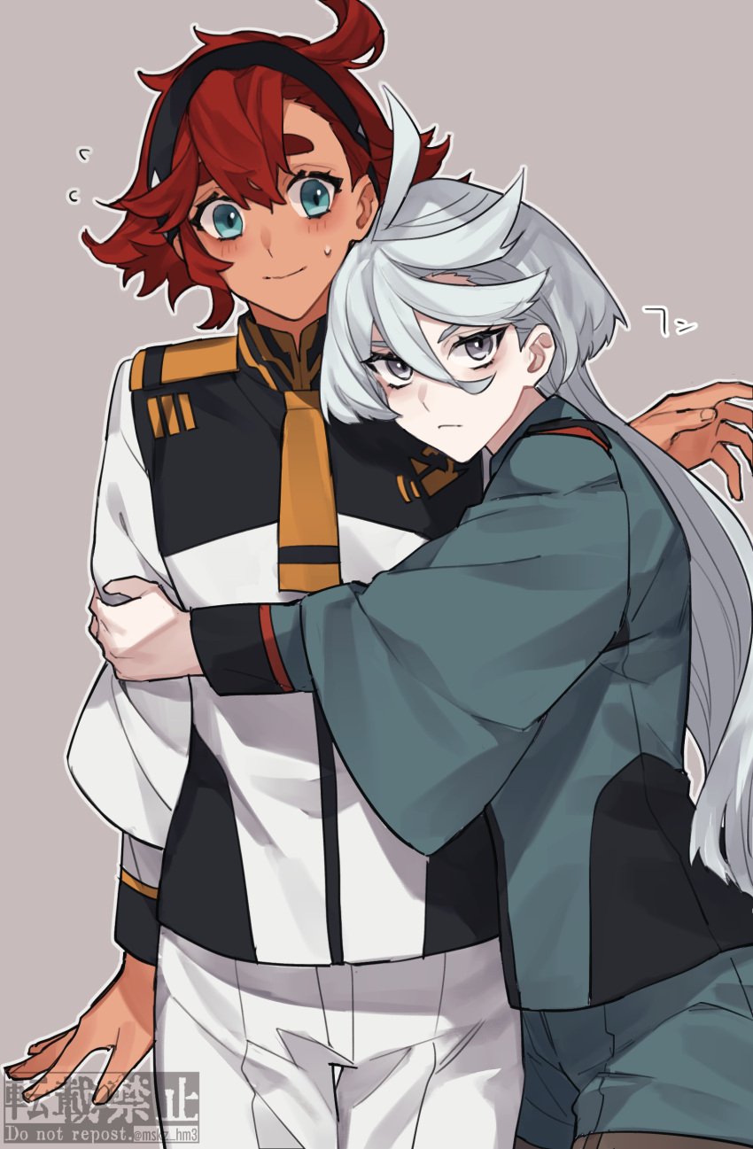 2boys 2girls absurdres ahoge aqua_eyes asticassia_school_uniform bangs black_hairband blush flying_sweatdrops green_jacket grey_background grey_eyes gundam gundam_suisei_no_majo hair_between_eyes hairband highres hotta_mskz hug jacket light_smile long_hair looking_at_viewer low_ponytail male_focus miorine_rembran multicolored_clothes multicolored_jacket multiple_boys multiple_girls redhead safe school_uniform shorts suletta_mercury sweat swept_bangs tan thick_eyebrows twitter_username white_jacket white_shorts