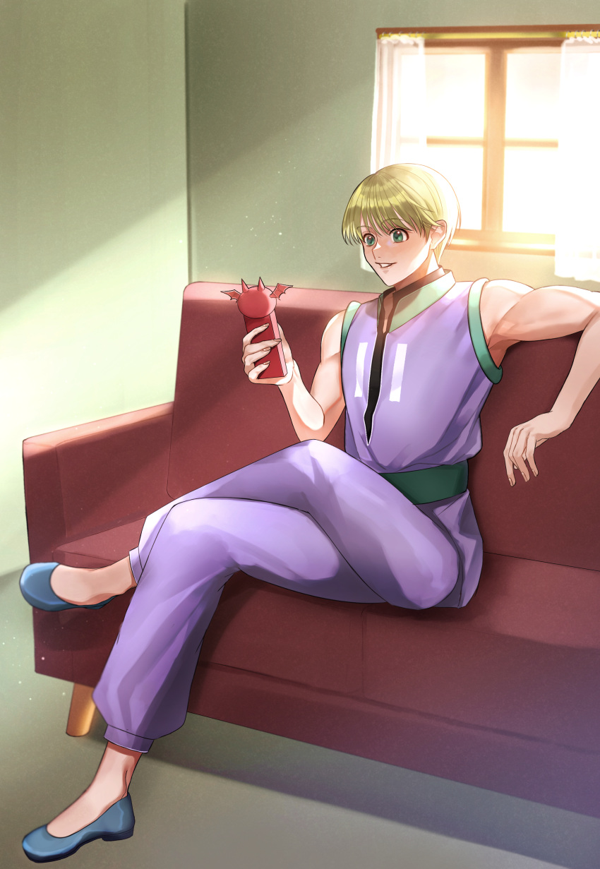 1boy absurdres ayuaho bare_shoulders blonde_hair couch crossed_legs full_body highres holding holding_phone hunter_x_hunter male_focus on_couch phone safe shalnark short_hair sitting smile solo sunlight themed_object toned toned_male window