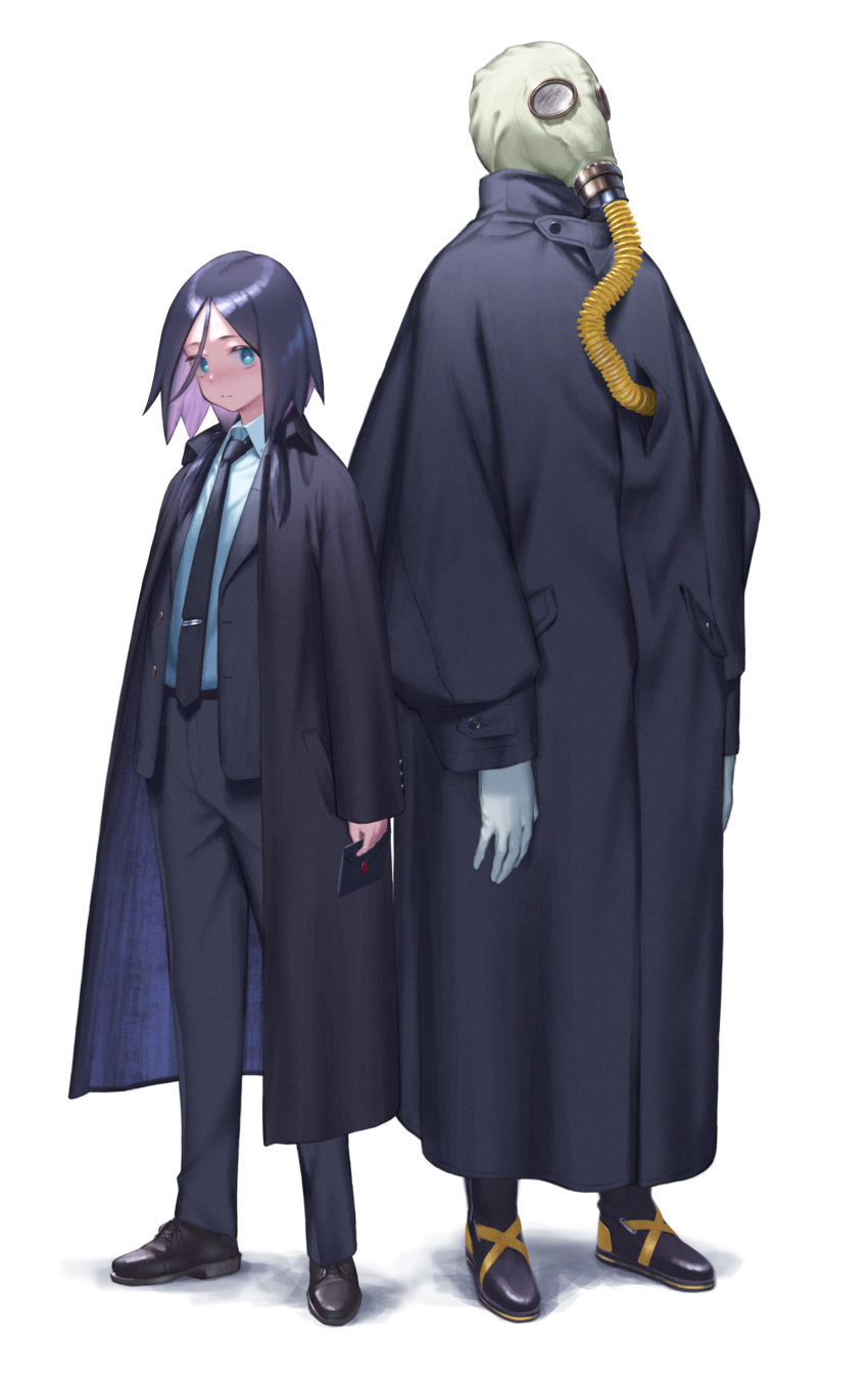 1boy 1girl 1other absurdres black_footwear black_necktie black_pants blue_eyes closed_mouth coat commentary_request fuurin_sou gas_mask gloves highres holding holding_letter letter long_sleeves looking_at_viewer mask necktie original overcoat pants shirt short_hair simple_background standing white_background white_gloves white_shirt